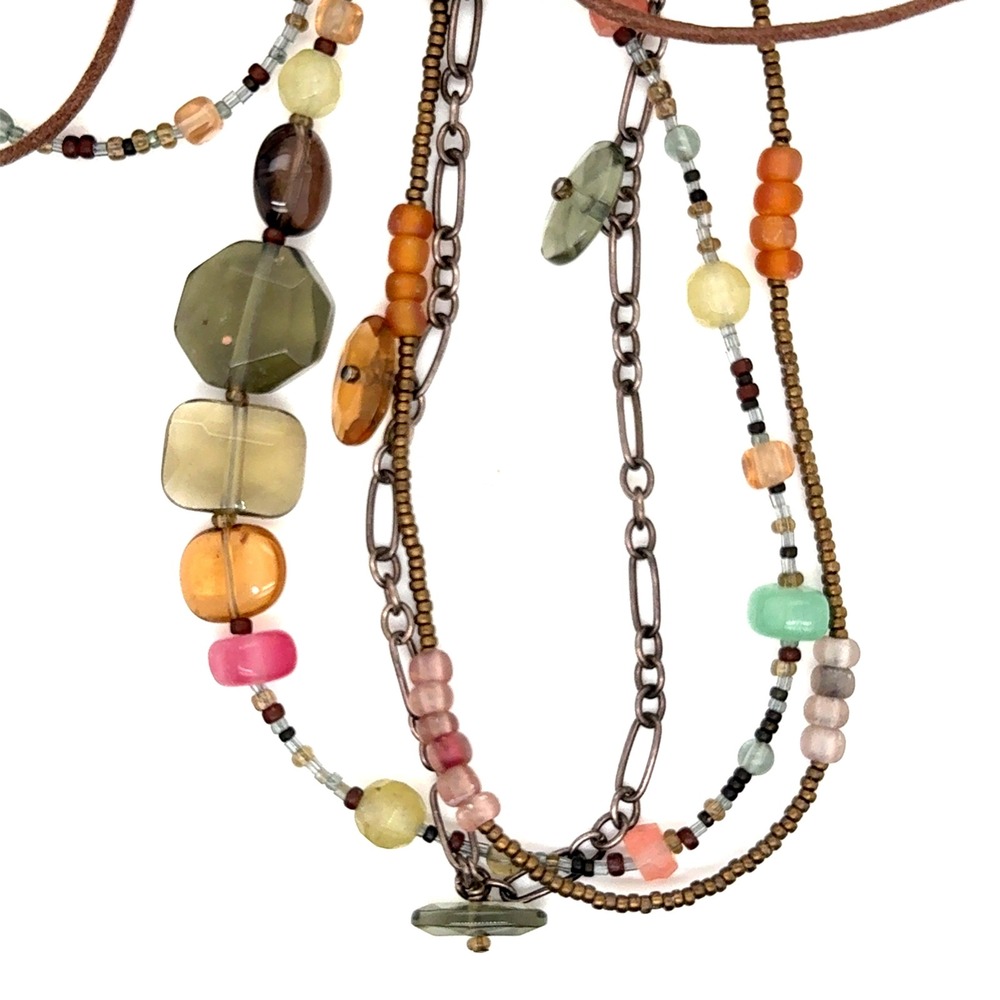 Silpada Multi Strand Beaded Necklace Leather Chain Mixed Stone Glass 29 Inch